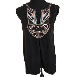 RXB Womens Embroidered Beaded Front 100% Cotton Sleeveless Top Black Medium